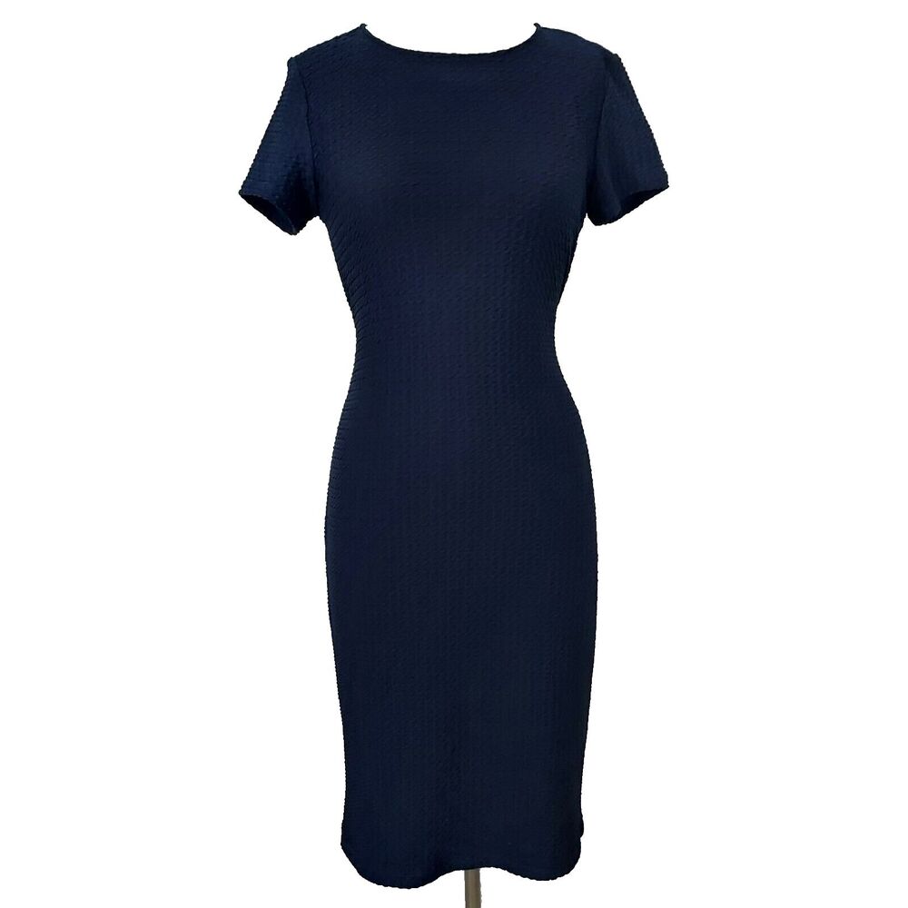 R&K Midi Dress Sheath Textured Stretch Womens Size Small Tie Belt Navy Blue